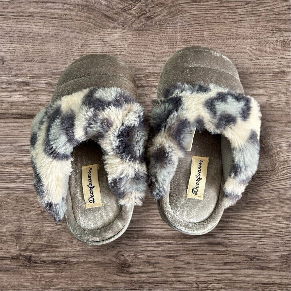 Dearfoams Kids Toddler Little Kids Gray Fuzzy Cheeta Print Slippers NEW 7-8 US